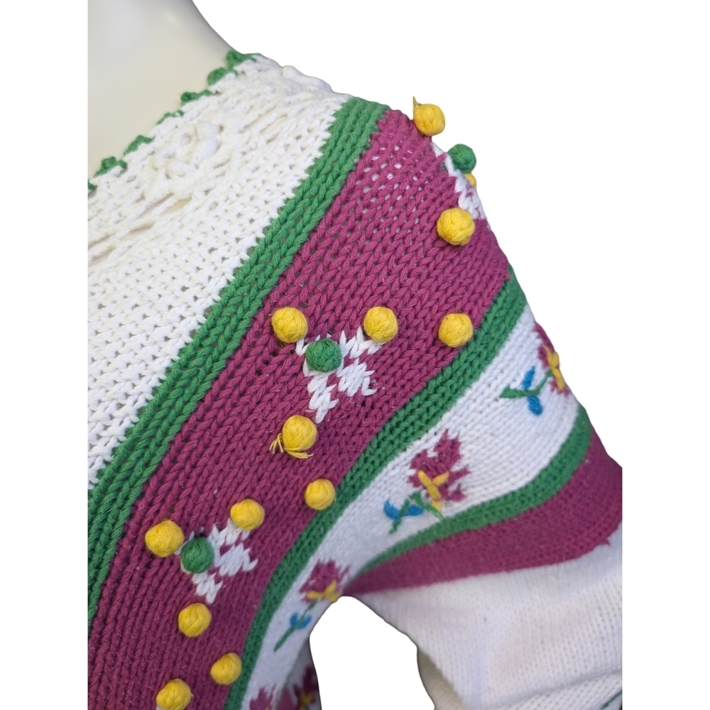Vintage Knit Sweater Floral Crochet & Bobble Details | Cottagecore | Folk Art - Picture 3 of 8